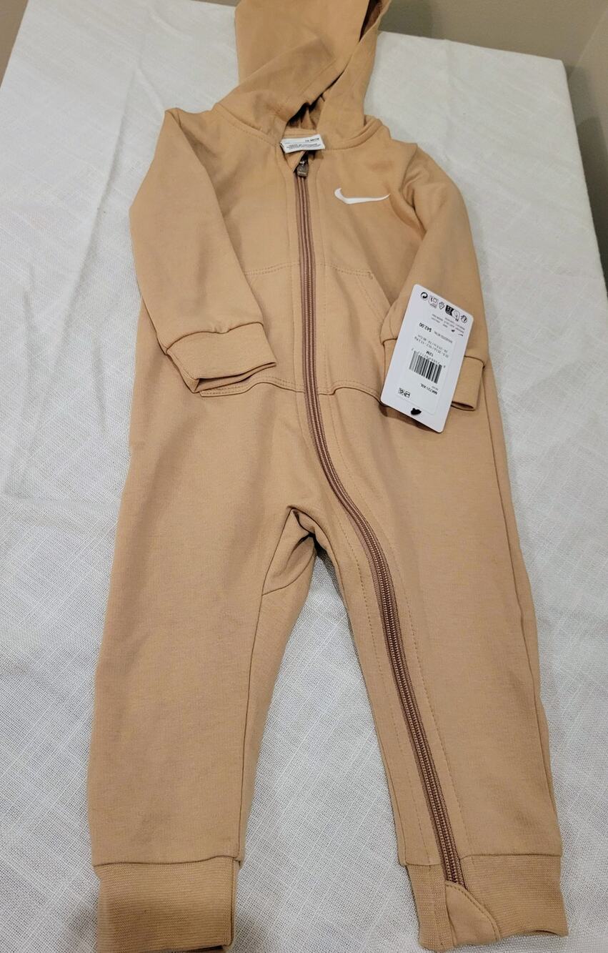 NWT Nike Baby Hooded Cotton Coverall One-Piece Romper Tan Hemp Size 12M